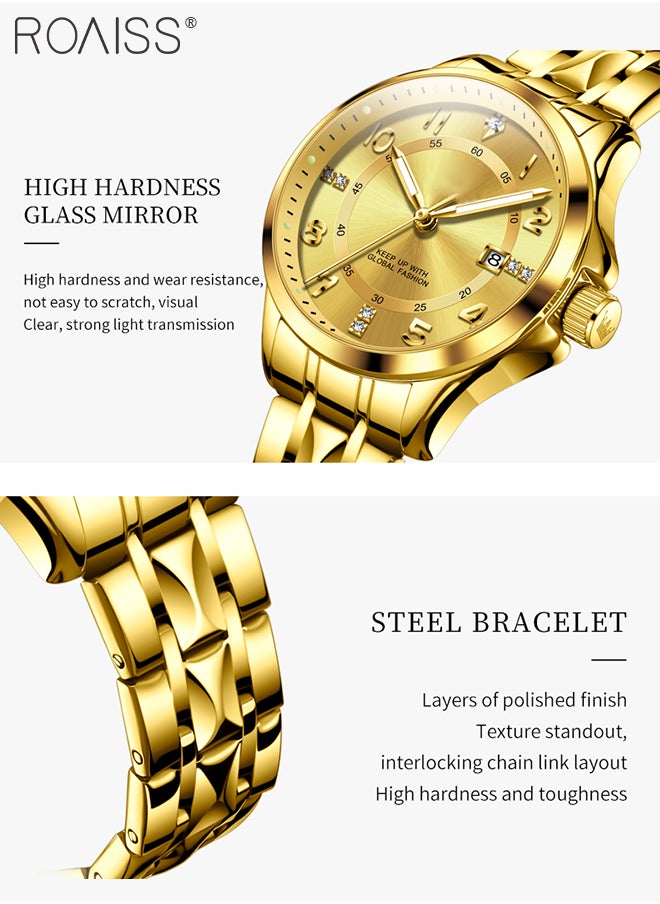 roaiss - Stainless Steel Strap Couple Quartz Watch Set, Analog Display Round Dial with Rhinestones Decoration, Luxurious Luminous Waterproof Calendar Watch Gift for Men Women, Gold - Image 1