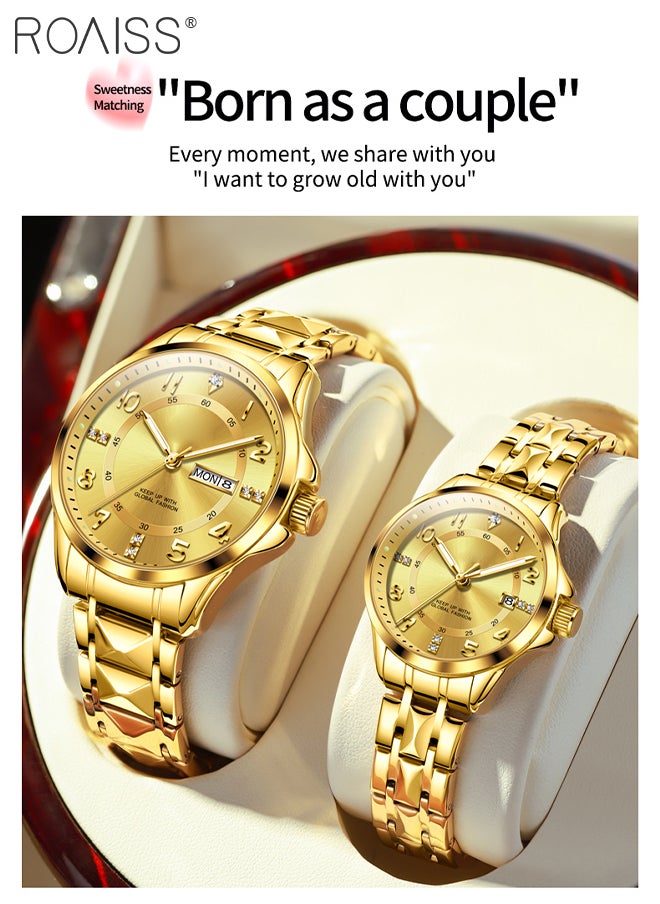 roaiss - Stainless Steel Strap Couple Quartz Watch Set, Analog Display Round Dial with Rhinestones Decoration, Luxurious Luminous Waterproof Calendar Watch Gift for Men Women, Gold - Image 1