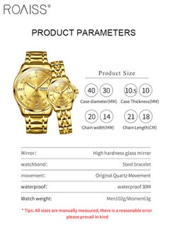 roaiss Stainless Steel Strap Couple Quartz Watch Set, Analog Display Round Dial with Rhinestones Decoration, Luxurious Luminous Waterproof Calendar Watch Gift for Men Women, Gold  - Image 4