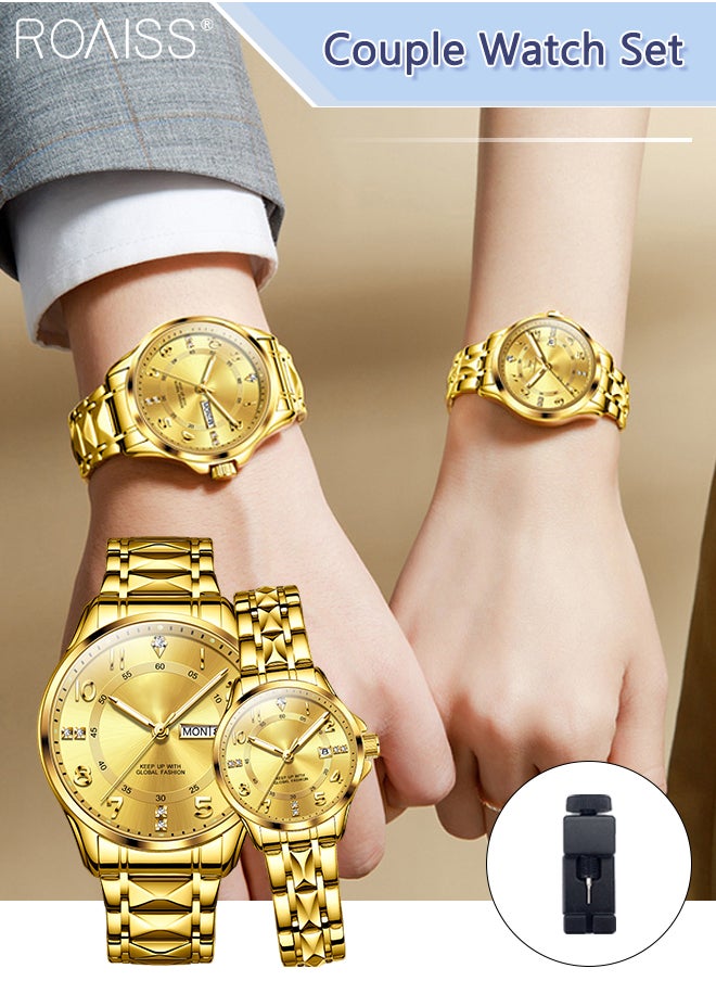 roaiss - Stainless Steel Strap Couple Quartz Watch Set, Analog Display Round Dial with Rhinestones Decoration, Luxurious Luminous Waterproof Calendar Watch Gift for Men Women, Gold - Image 1