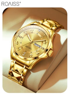 roaiss Stainless Steel Strap Couple Quartz Watch Set, Analog Display Round Dial with Rhinestones Decoration, Luxurious Luminous Waterproof Calendar Watch Gift for Men Women, Gold  - Image 3