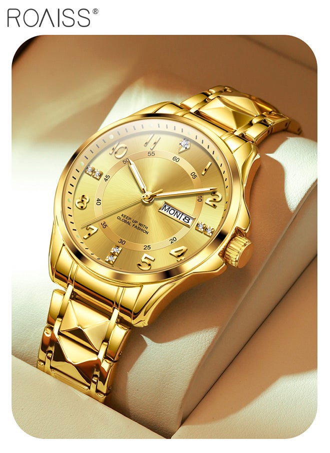 roaiss - Stainless Steel Strap Couple Quartz Watch Set, Analog Display Round Dial with Rhinestones Decoration, Luxurious Luminous Waterproof Calendar Watch Gift for Men Women, Gold - Image 1