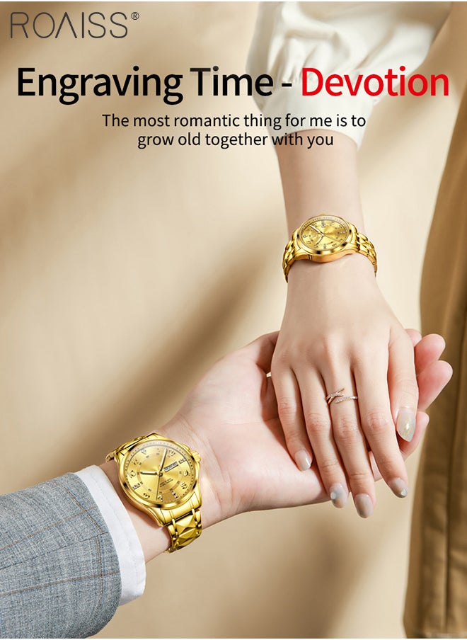 roaiss - Stainless Steel Strap Couple Quartz Watch Set, Analog Display Round Dial with Rhinestones Decoration, Luxurious Luminous Waterproof Calendar Watch Gift for Men Women, Gold - Image 1