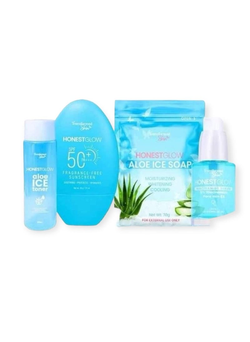 Transformed Skin honest glow blue combo set aloe ice soap | niacinamide serum and aloe ice toner | fragrance sunscreen