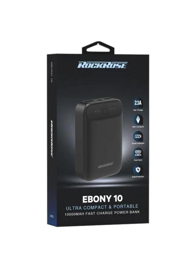 روكروز - باور بانك EBONY 10 بسعة 10000 مللي أمبير، تصميم فائق النحافة، 2.1A – أسود - Image 1