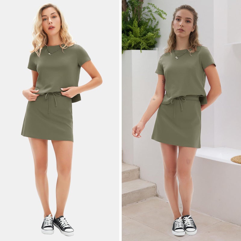 EXLURA Womens Summer 2 Piece Short Skirt Sets Short Sleeve Tshirt Matching Tennis Skort Cotton Airport Travel Vacation Outfit - Image 2