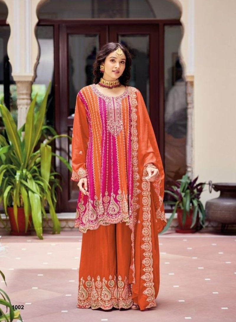 ANAITA Orange Chinon Free Size Stitched Suit with Embroidery Work - Image 1