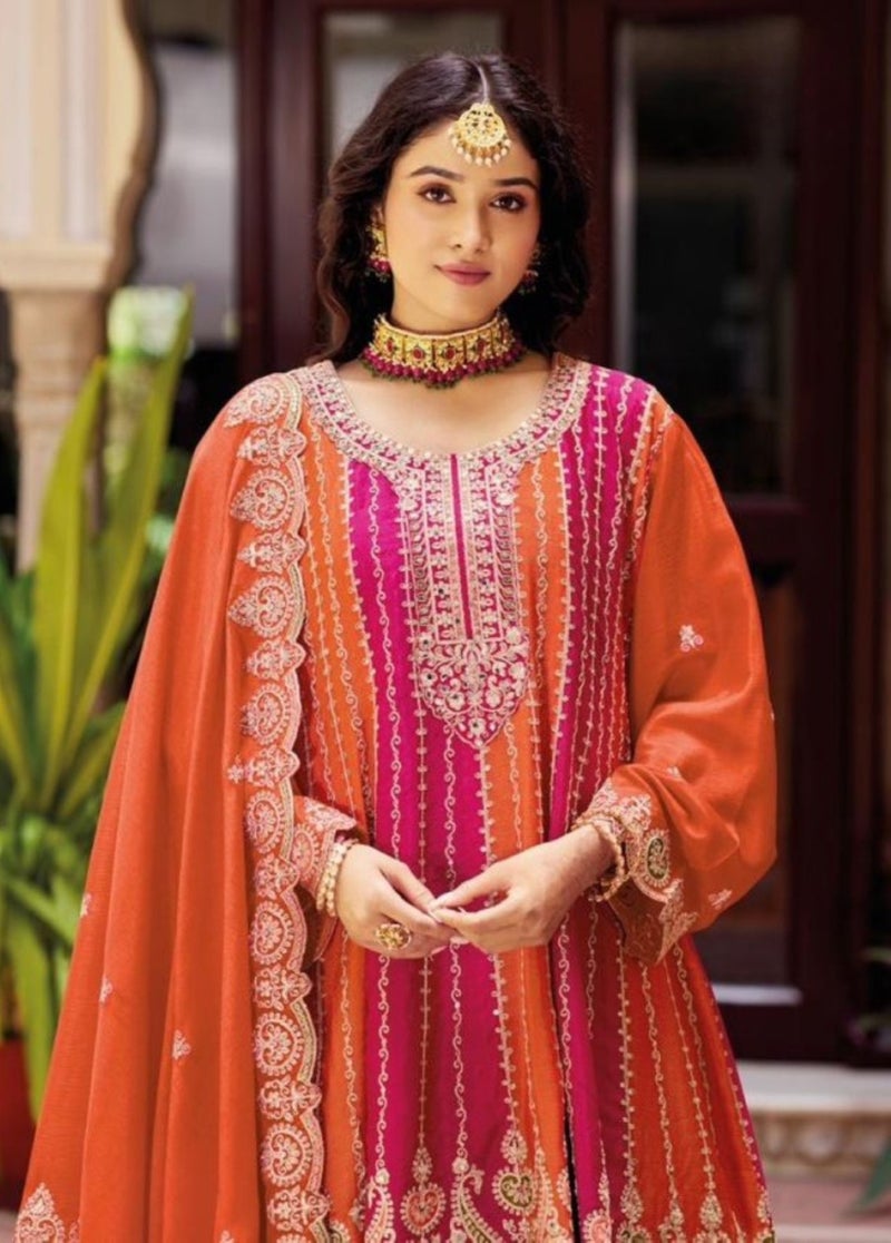 ANAITA Orange Chinon Free Size Stitched Suit with Embroidery Work - Image 2