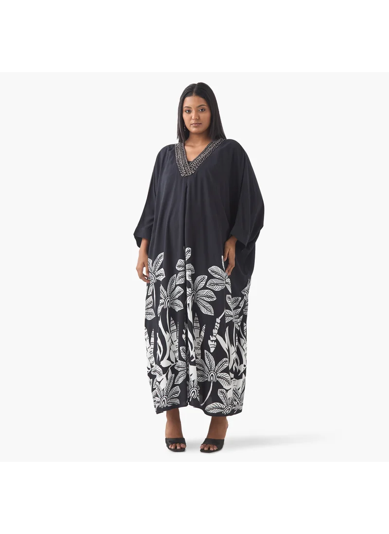  أولا بوبكن Plus Size Ulla Popken Embellished Kaftan Dress wih V-neck