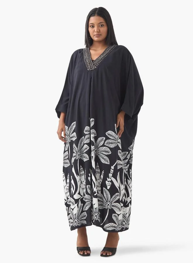 Ulla Popken Plus Size Ulla Popken Embellished Kaftan Dress wih V-neck