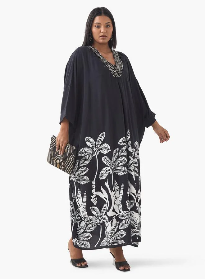 Ulla Popken Plus Size Ulla Popken Embellished Kaftan Dress wih V-neck
