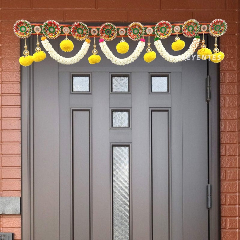 CREYENTES Traditional Handmade Toran for Door, Thoranam Jasmin Flower, Mirror Work, Diwali Toran, Decoration for Festival, Embroidery Work (Round Ring Jasmin Toran) - Image 1