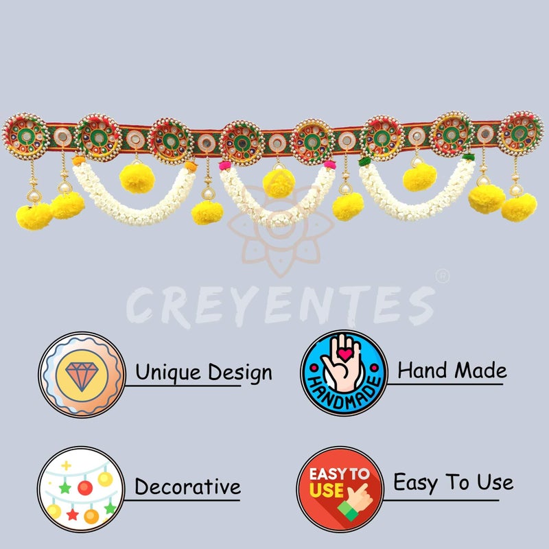 CREYENTES Traditional Handmade Toran for Door, Thoranam Jasmin Flower, Mirror Work, Diwali Toran, Decoration for Festival, Embroidery Work (Round Ring Jasmin Toran) - Image 3