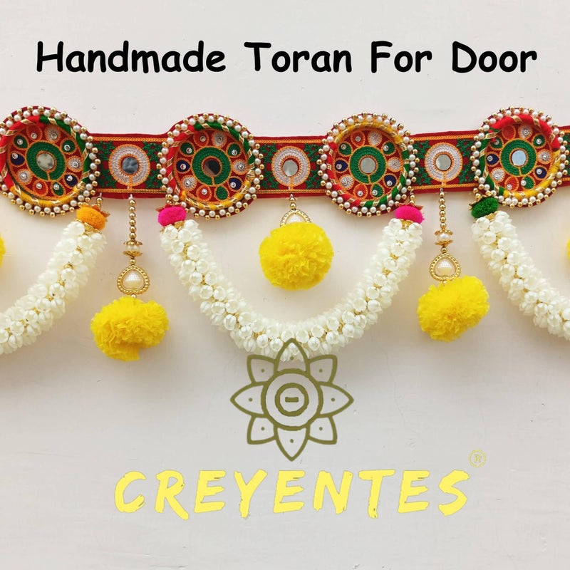 CREYENTES Traditional Handmade Toran for Door, Thoranam Jasmin Flower, Mirror Work, Diwali Toran, Decoration for Festival, Embroidery Work (Round Ring Jasmin Toran) - Image 5