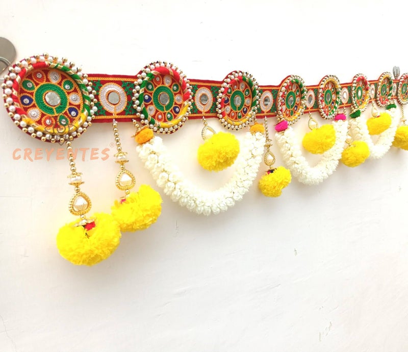 CREYENTES Traditional Handmade Toran for Door, Thoranam Jasmin Flower, Mirror Work, Diwali Toran, Decoration for Festival, Embroidery Work (Round Ring Jasmin Toran) - Image 4
