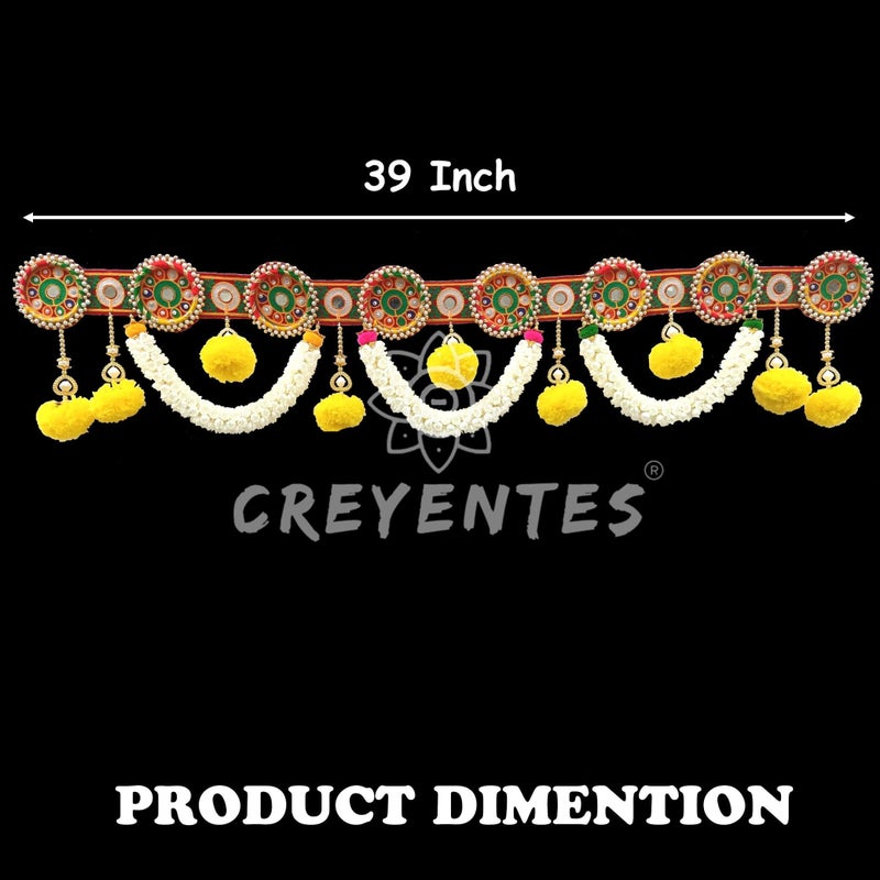 CREYENTES Traditional Handmade Toran for Door, Thoranam Jasmin Flower, Mirror Work, Diwali Toran, Decoration for Festival, Embroidery Work (Round Ring Jasmin Toran) - Image 2