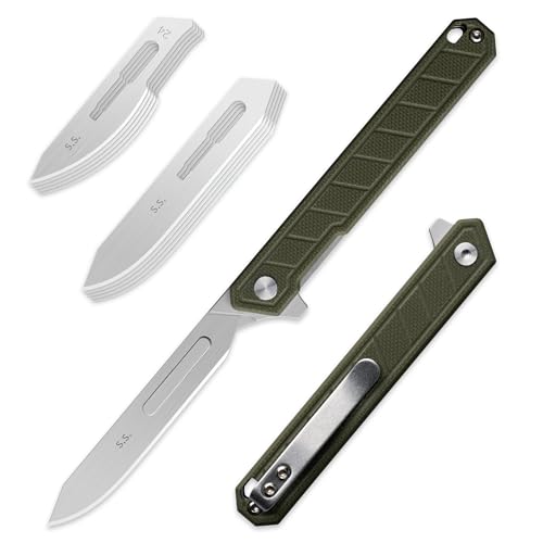 OLITANS G046 Mecha Mini Slim Folding Scalpel with 5pcs #24 and 5pcs #60 G14 Handle with Liner Lock, Utility EDC Pocket Knife with Back Clip（Green） - Image 1