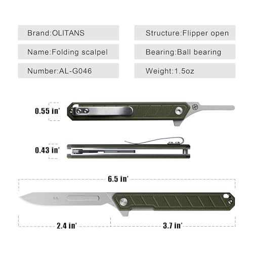 OLITANS G046 Mecha Mini Slim Folding Scalpel with 5pcs #24 and 5pcs #60 G14 Handle with Liner Lock, Utility EDC Pocket Knife with Back Clip（Green） - Image 3