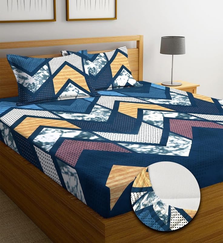 NEW LEAF Premium Cotton 220 TC Elastic Fitted Bedsheets with 2 Pillow Covers | Double/King Bed with All Around Elastic Wrinklefree Supersoft Breathable |Size-78 x72+10 inches | White & Teal - Image 2