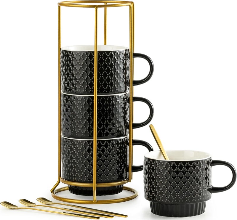 LYEOBOH Stackable Coffee Mugs Set of 4 with Rack  Spoons Coffee Mug Set 13 OZ Ceramic Embossed Grinding Demitasse Cups Set Cappuccino Cup Halloween for Coffee Latte Macchiato Espresso Black - Image 1
