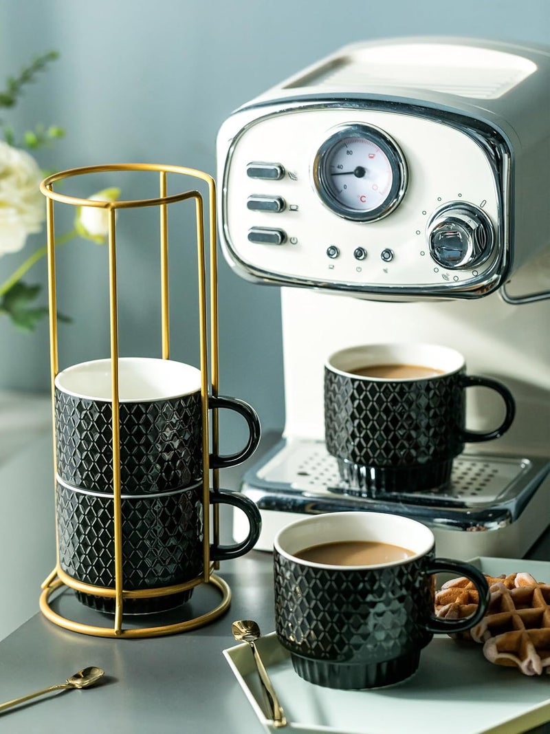 LYEOBOH Stackable Coffee Mugs Set of 4 with Rack  Spoons Coffee Mug Set 13 OZ Ceramic Embossed Grinding Demitasse Cups Set Cappuccino Cup Halloween for Coffee Latte Macchiato Espresso Black - Image 3