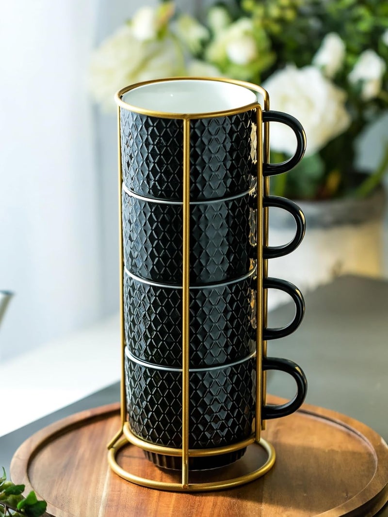 LYEOBOH Stackable Coffee Mugs Set of 4 with Rack  Spoons Coffee Mug Set 13 OZ Ceramic Embossed Grinding Demitasse Cups Set Cappuccino Cup Halloween for Coffee Latte Macchiato Espresso Black - Image 4