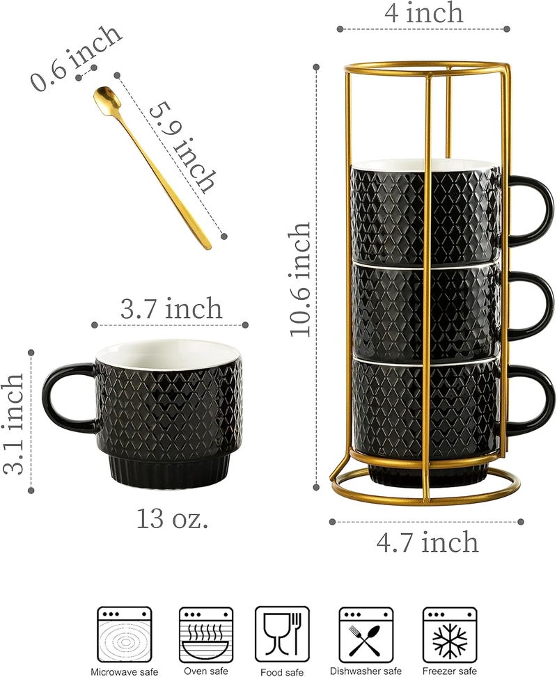 LYEOBOH Stackable Coffee Mugs Set of 4 with Rack  Spoons Coffee Mug Set 13 OZ Ceramic Embossed Grinding Demitasse Cups Set Cappuccino Cup Halloween for Coffee Latte Macchiato Espresso Black - Image 2