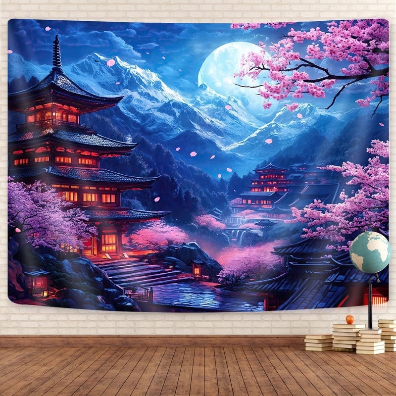 GOAOK Japanese Tapestry, Purple Cherry Blossom Floral Asian Chinese Oriental Tapestry Wall Haning, Cool Japan Anime Moon Night Mountains Abstract Ink Painting Tapestries for Bedroom Living Room 60"x40" - Image 1