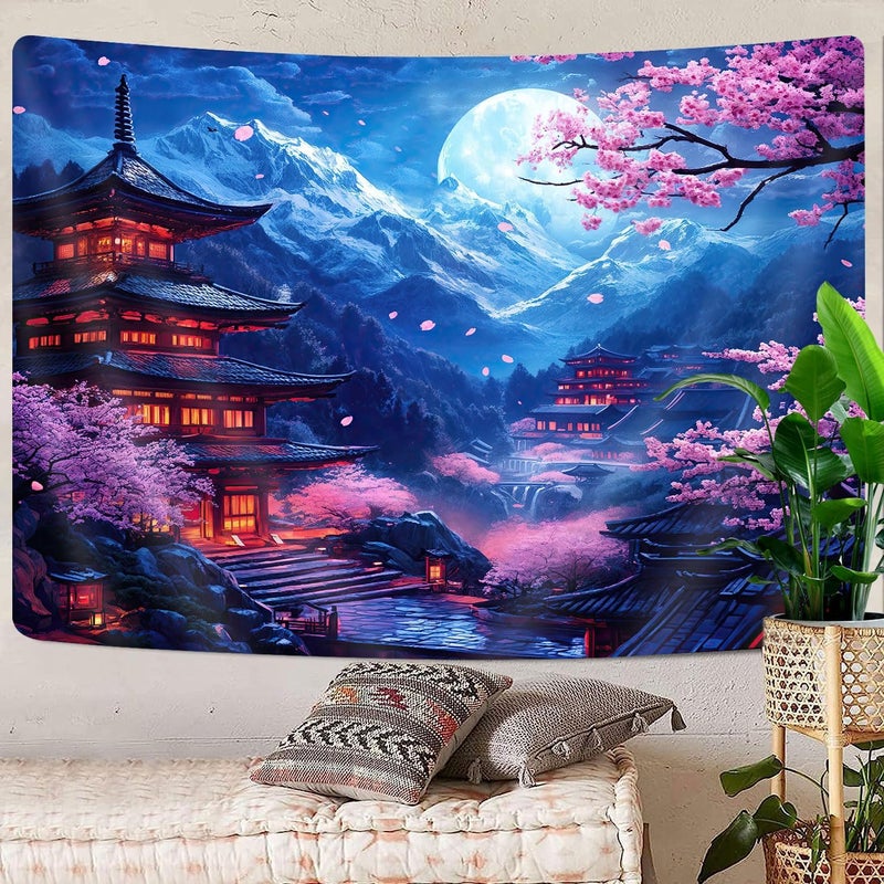 GOAOK Japanese Tapestry, Purple Cherry Blossom Floral Asian Chinese Oriental Tapestry Wall Haning, Cool Japan Anime Moon Night Mountains Abstract Ink Painting Tapestries for Bedroom Living Room 60"x40" - Image 4