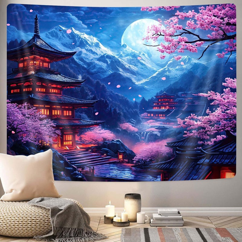 GOAOK Japanese Tapestry, Purple Cherry Blossom Floral Asian Chinese Oriental Tapestry Wall Haning, Cool Japan Anime Moon Night Mountains Abstract Ink Painting Tapestries for Bedroom Living Room 60"x40" - Image 2