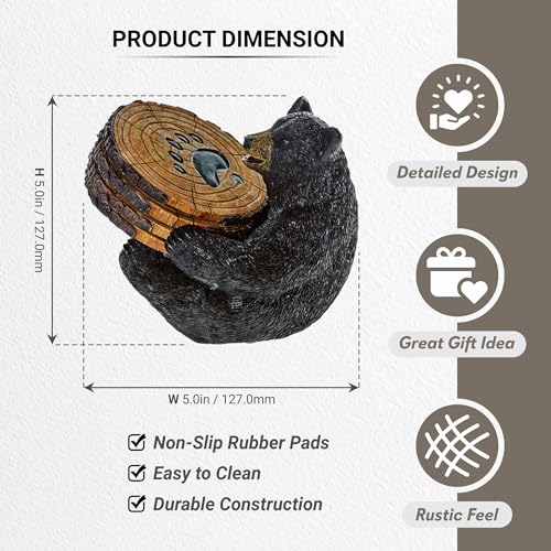 Pine Ridge Black Bear Drink Coaster Set of 5 with Rubber Pad Base - Cool Rustic Home Table Beer and Beverage Coaster with Holder - Image 2