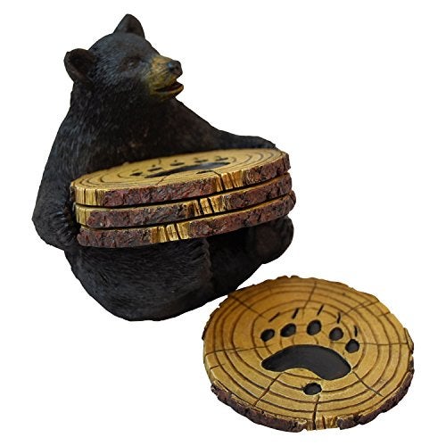 Pine Ridge Black Bear Drink Coaster Set of 5 with Rubber Pad Base - Cool Rustic Home Table Beer and Beverage Coaster with Holder - Image 1