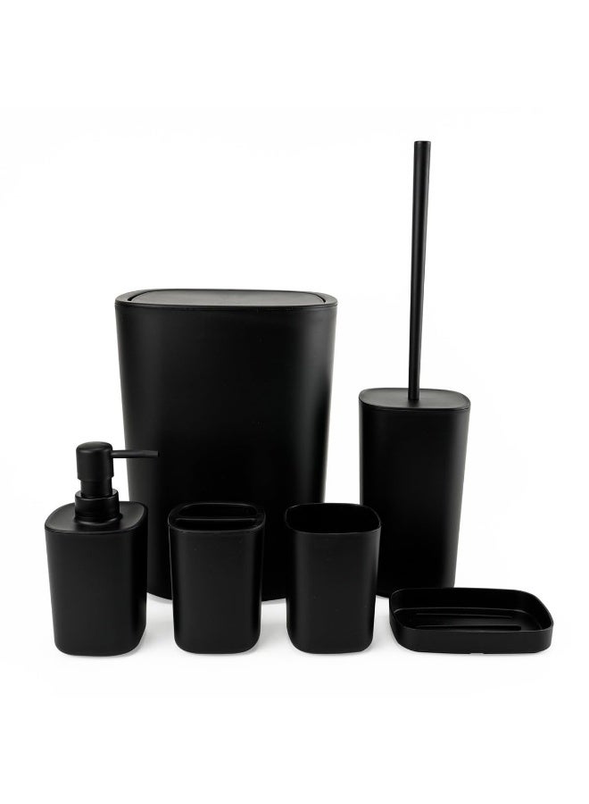 KITCHENOO Bathroom Accessories Set of 6 Complete, Toothbrush Holder, Soap Dispenser, Garbage Trash Can, Soap Dish, Toothbrush Cup and Toilet Brush Holder, Black - Image 1