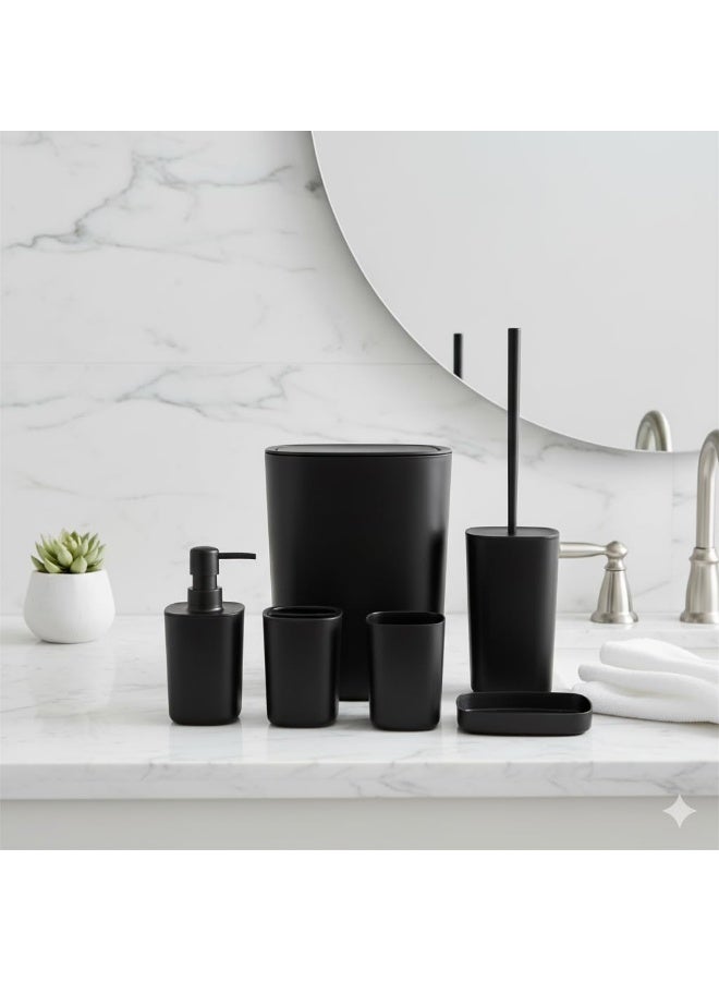 KITCHENOO Bathroom Accessories Set of 6 Complete, Toothbrush Holder, Soap Dispenser, Garbage Trash Can, Soap Dish, Toothbrush Cup and Toilet Brush Holder, Black - Image 2