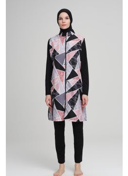 Nehar Colorful Marble Patterned Black Vest 3 Piece Hijab Swimsuit Set 2204  - Image 1