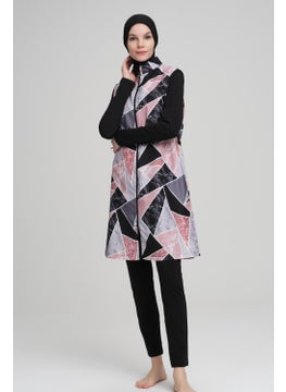 Nehar Colorful Marble Patterned Black Vest 3 Piece Hijab Swimsuit Set 2204  - Image 3