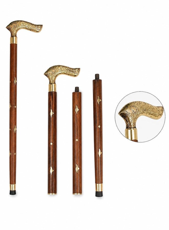 ITOS365 Handmade Wooden Folding Walking Stick - 36 Inches | Handcrafted Walking Cane with Antique Brass Handle in Wooden Brown Finish | Walk Support Stick for Old Men & Women - Image 3