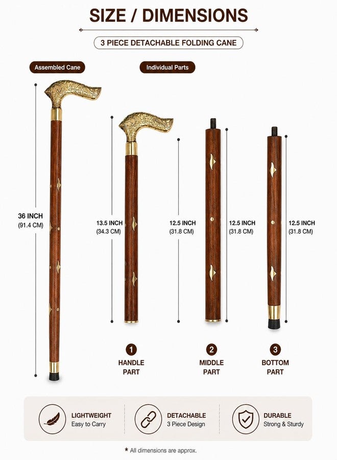 ITOS365 Handmade Wooden Folding Walking Stick - 36 Inches | Handcrafted Walking Cane with Antique Brass Handle in Wooden Brown Finish | Walk Support Stick for Old Men & Women - Image 2