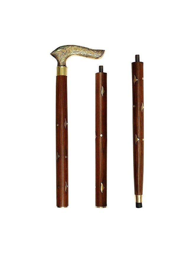 ITOS365 Handmade Wooden Folding Walking Stick - 36 Inches | Handcrafted Walking Cane with Antique Brass Handle in Wooden Brown Finish | Walk Support Stick for Old Men & Women - Image 1