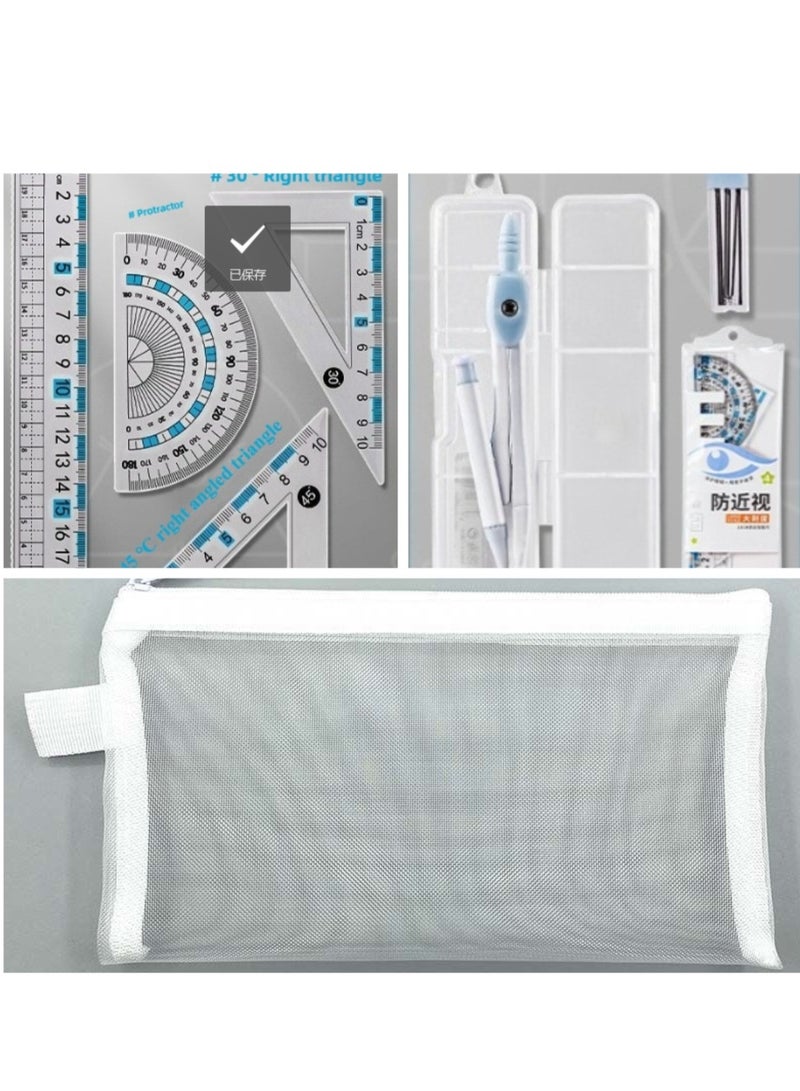 Geometry Ruler Set + Compass + Mesh Pencil Pouch 3-in-1 Stationery Kit for Students & Exams - Image 1