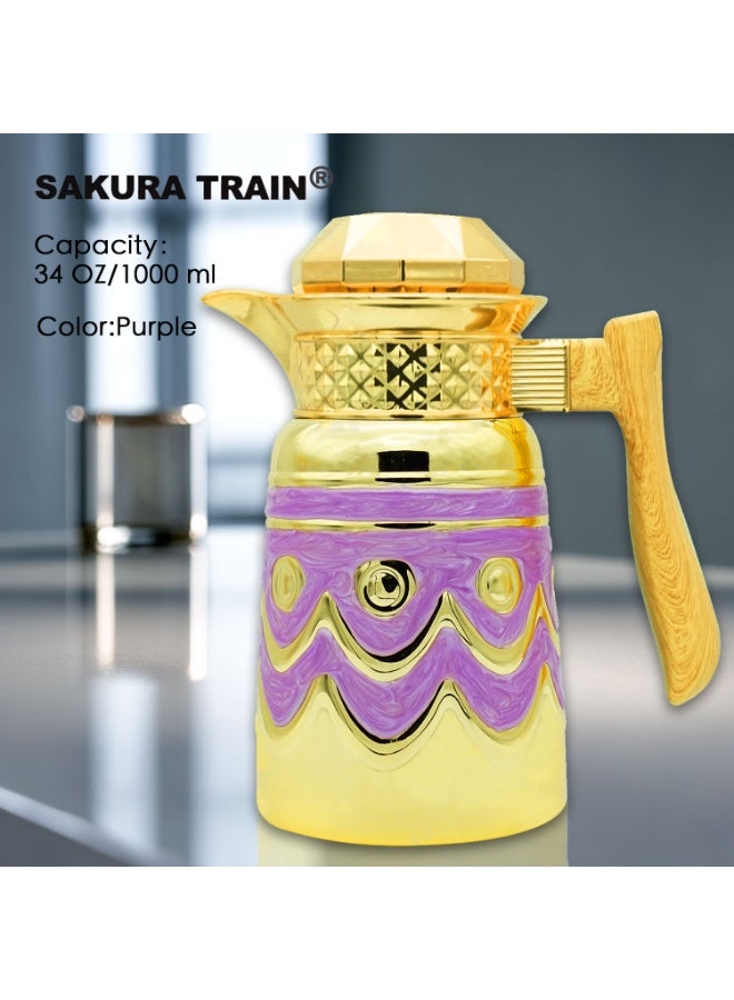 Sakura Train 1000ML Purely Handmade Enamel Drip Glue Process Luxury Thermal Coffee Carafe Insulated Stainless Steel Vacuum Coffee Carafe for Hot Liquids, Turkish Middle Eastern Stainless Steel Teapot Coffee Pot for Women, Men, Adults, Guests or Party - Best Gift Idea - Image 1