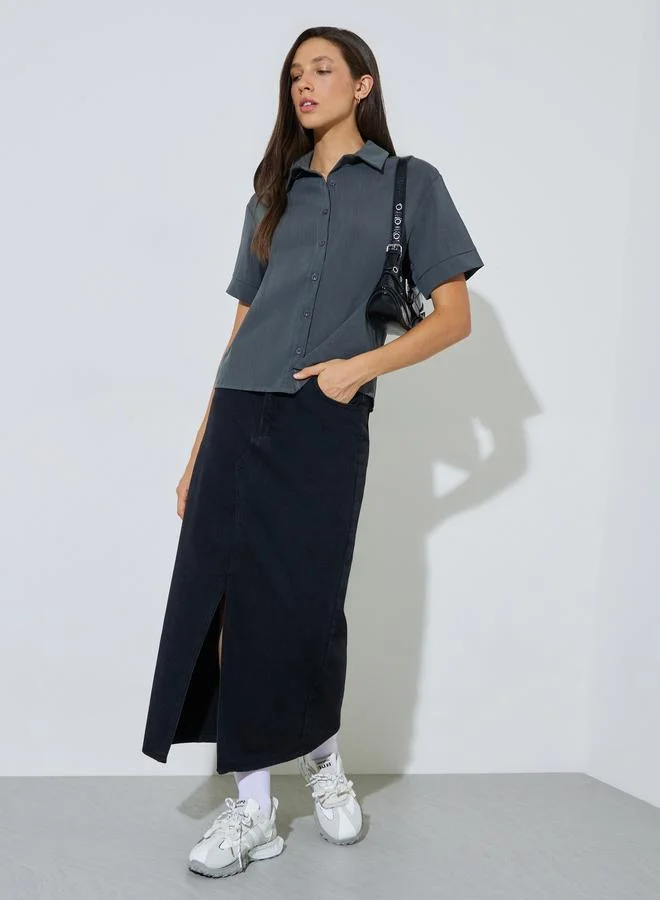 Styli Grey Regular Fit Short Sleeve Button-Up Shirt