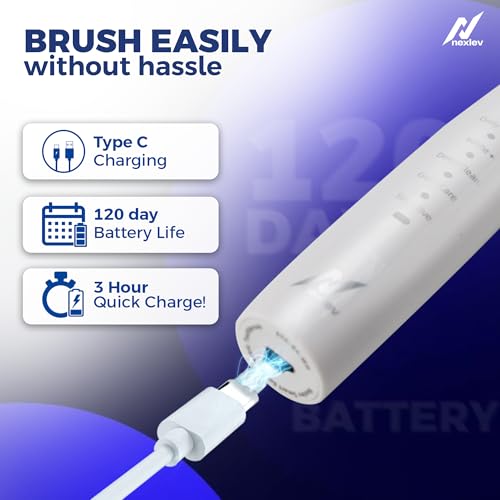 Nexlev Rechargeable Electric Toothbrush| 120 Days Life | 35K strokes/min| Type C| 5 Modes for Daily Use| 2 Min timer with 30sec Quadpacer | 4 Brushheads| IPX7 Waterproof| For Men & Women | ETC-04 White - Image 4