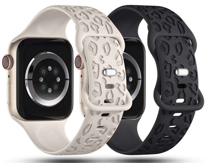IKANFI 2Pack Leopard Engraved Bands Compatible with Apple Watch Band 41mm 40mm 38mm Women, Silicone Cheetah Sport Strap for iWatch Series SE 10 9 8 7 6 5 4 3 2 1,Ultra-BKSL-38 - Image 2