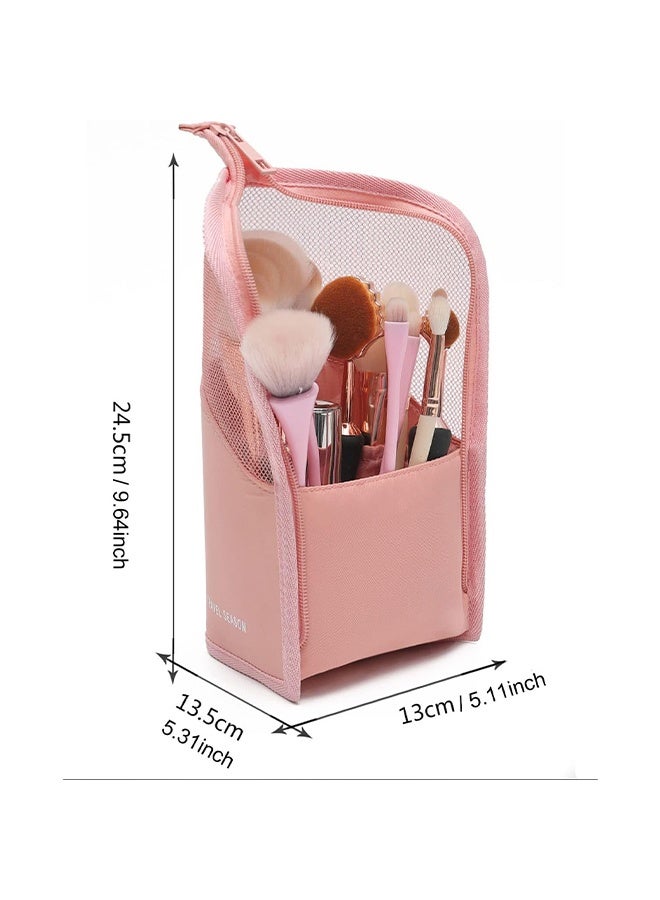 Stand-Up Makeup Brush Storage Organizer Bag, Waterproof Dust Free Travel Makeup Brush Holder, Zipper Cosmetic Pen Case Bag with Divider (Pink) - Image 5