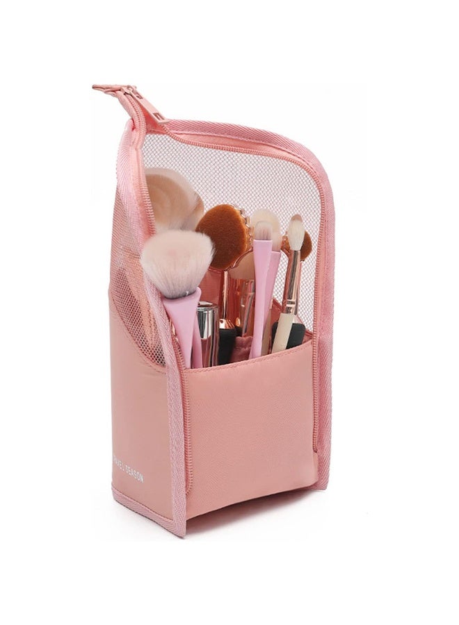 Stand-Up Makeup Brush Storage Organizer Bag, Waterproof Dust Free Travel Makeup Brush Holder, Zipper Cosmetic Pen Case Bag with Divider (Pink) - Image 1