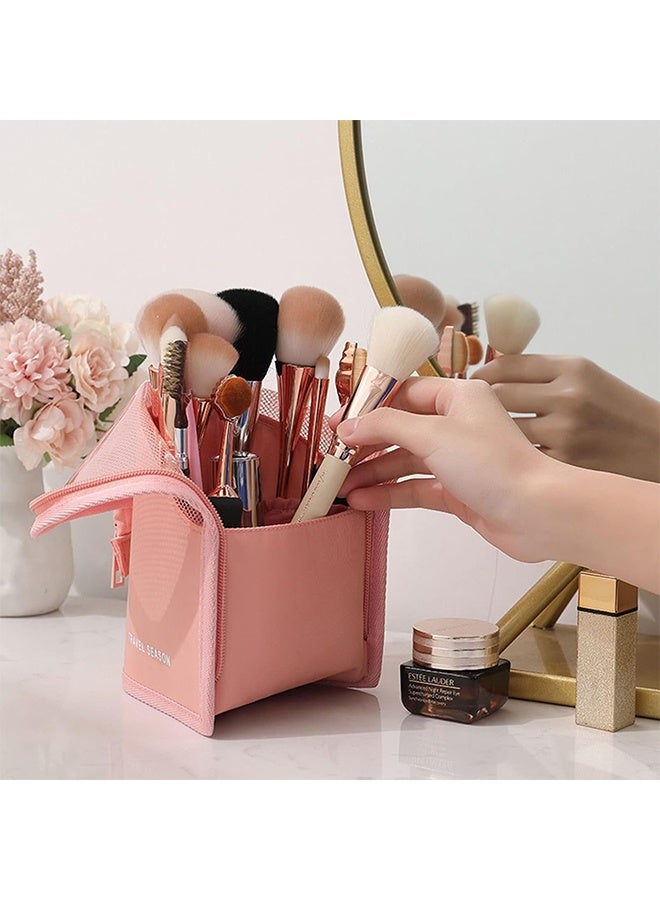 Stand-Up Makeup Brush Storage Organizer Bag, Waterproof Dust Free Travel Makeup Brush Holder, Zipper Cosmetic Pen Case Bag with Divider (Pink) - Image 2