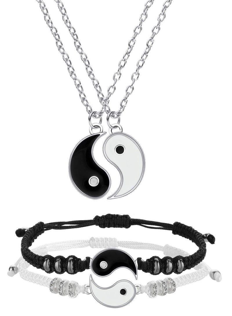 KASTWAVE Yin Yang Friend or Couple Bracelet with Necklace Set, 2 Pieces Matching Yin Yang Adjustable Cord Bracelet, 2 Pieces Yin Yang Couple Pendant Necklace Chain for Friendship Boyfriend Girlfriend - Image 1