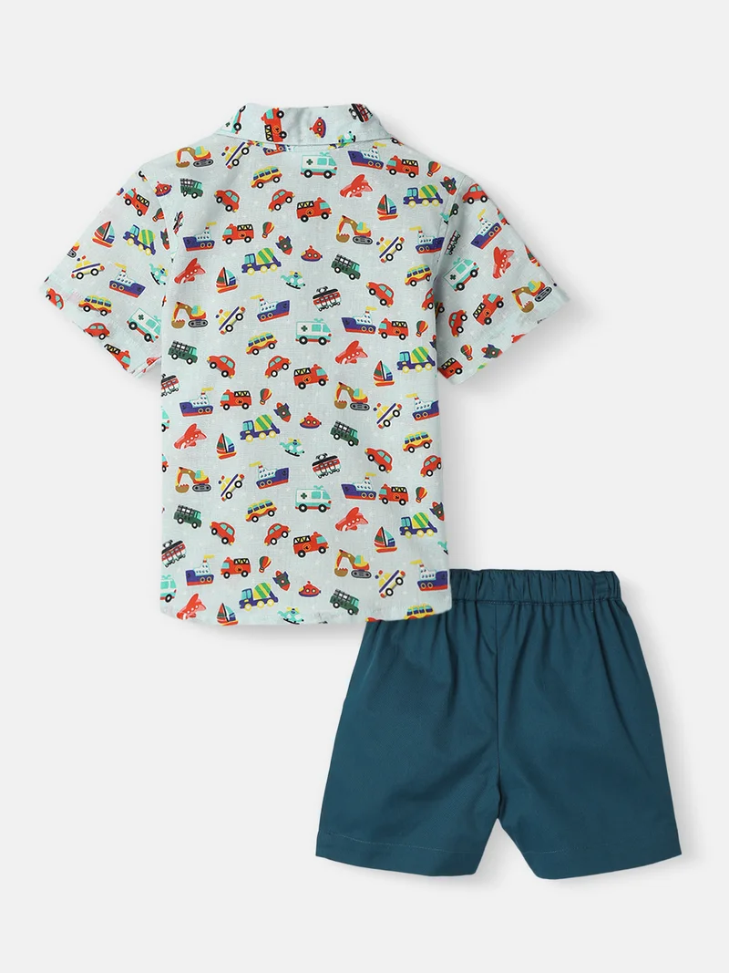 Nautinati Nautinati Boys’ All-over Vehicle Print Shirt and Shorts Set| Cotton| Age 3 - 24 Months