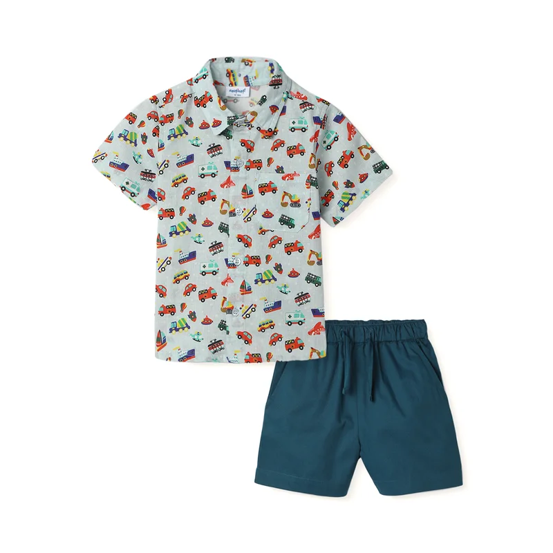 Nautinati Nautinati Boys’ All-over Vehicle Print Shirt and Shorts Set| Cotton| Age 3 - 24 Months